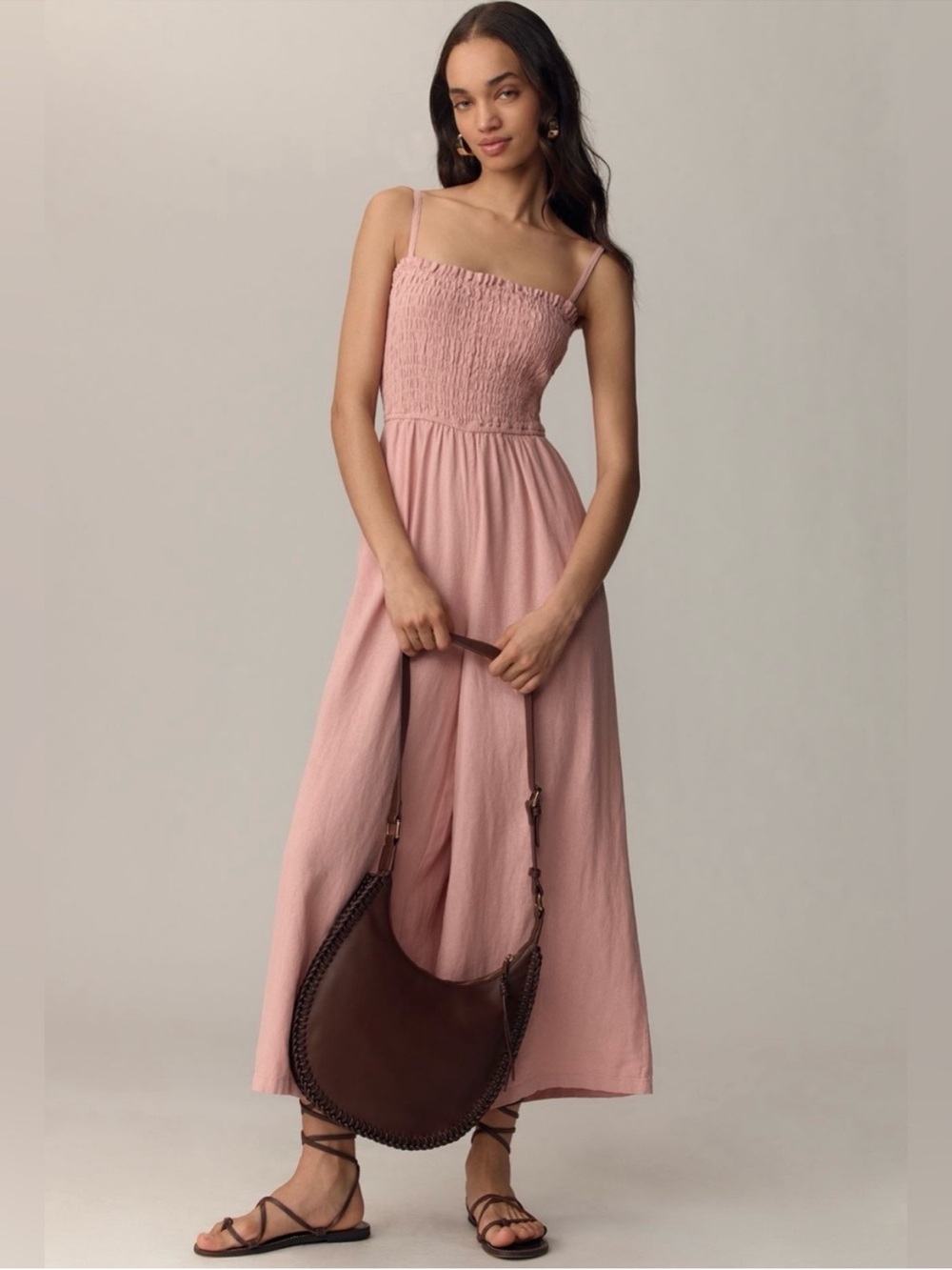 Anthropologie Pilcro Smocked Linen Blend Wide-Leg Jumpsuit Pink Size S